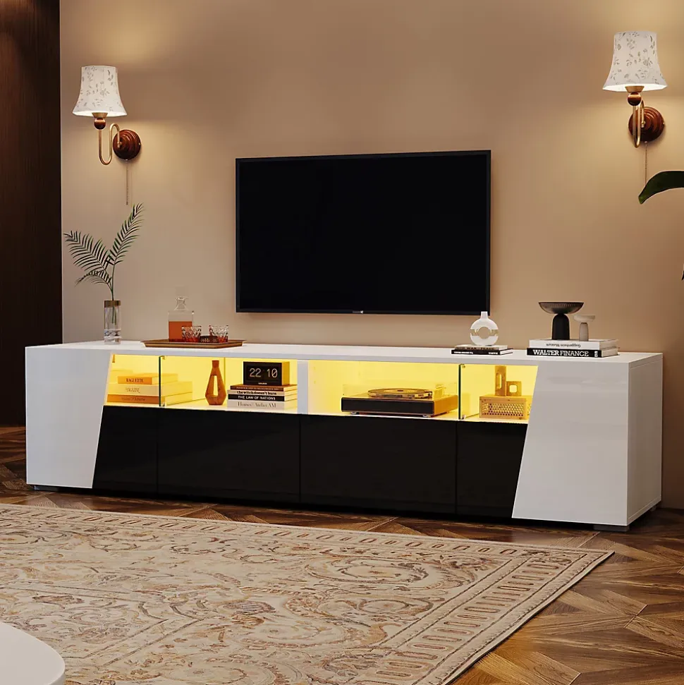 Meuble TV 180 cm Moderne avec LED, 2 Tiroirs et 2 Portes, Compartiments Ouverts, MDF et Verre - Blanc et Noir
