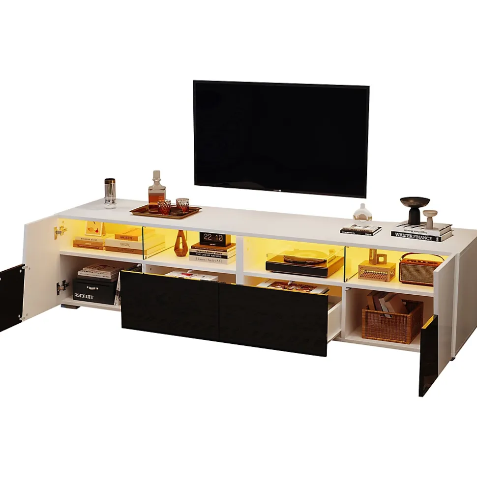 Meuble TV 180 cm Moderne avec LED, 2 Tiroirs et 2 Portes, Compartiments Ouverts, MDF et Verre - Blanc et Noir