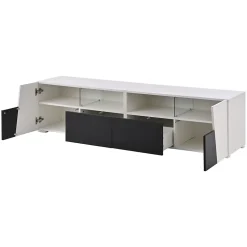 Meuble TV 180 cm Moderne avec LED, 2 Tiroirs et 2 Portes, Compartiments Ouverts, MDF et Verre - Blanc et Noir