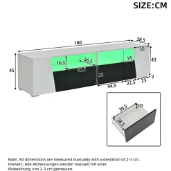 Meuble TV 180 cm Moderne avec LED, 2 Tiroirs et 2 Portes, Compartiments Ouverts, MDF et Verre - Blanc et Noir