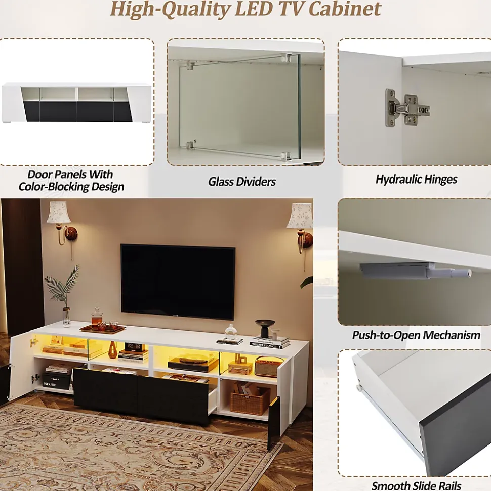 Meuble TV 180 cm Moderne avec LED, 2 Tiroirs et 2 Portes, Compartiments Ouverts, MDF et Verre - Blanc et Noir