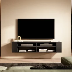 Meuble TV 140 cm noir avec 4 compartiments WALL