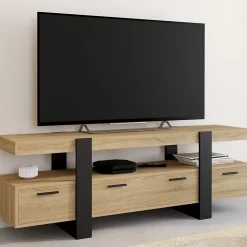 Meuble TV 140 cm PHOENIX avec tiroirs bois et noir