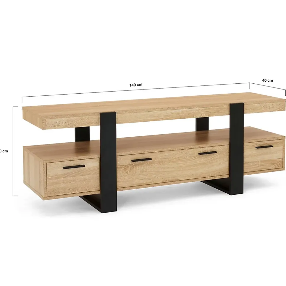 Meuble TV 140 cm PHOENIX avec tiroirs bois et noir