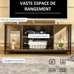Meuble TV 110 cm, pour téléviseur jusqu'à 55 pouces avec compartiments ouverts et étagère réglable, brun rustique