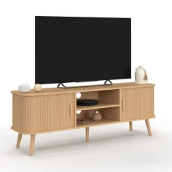Meuble TV 140 cm ROMIE 2 portes coulissantes lattes tasseau bois coloris chêne