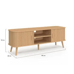 Meuble TV 140 cm ROMIE 2 portes coulissantes lattes tasseau bois coloris chêne