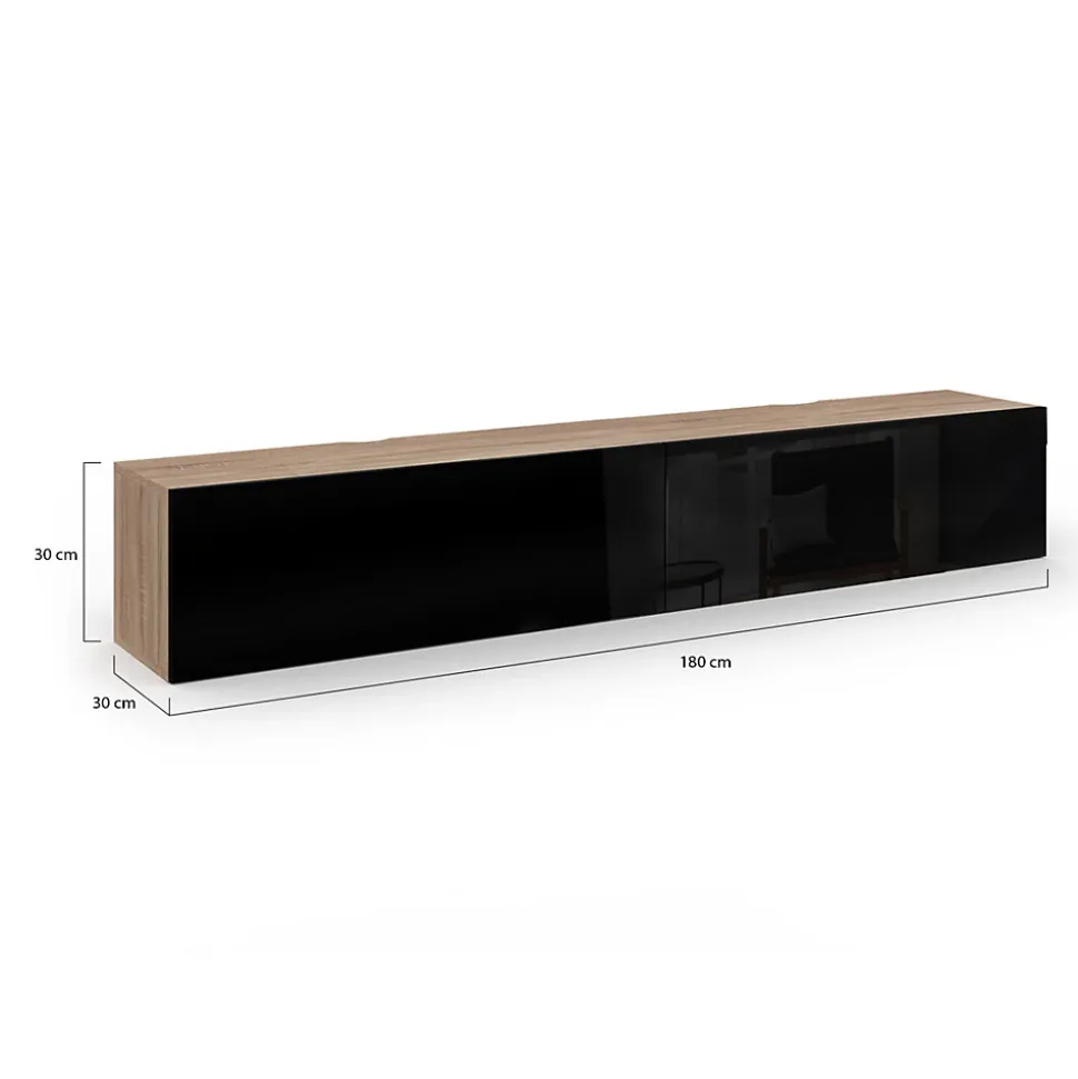 Meuble TV 180 cm suspendu ELIO 2 portes bois et noir