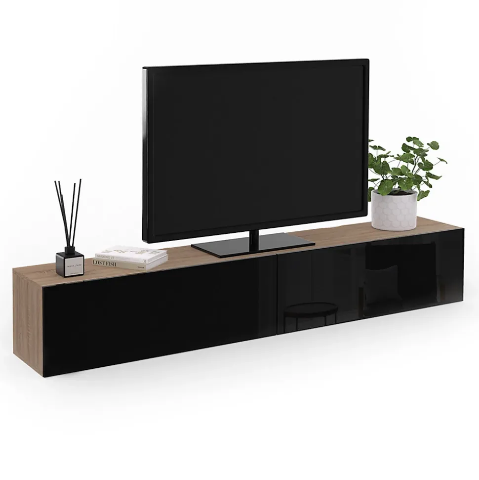 Meuble TV 180 cm suspendu ELIO 2 portes bois et noir