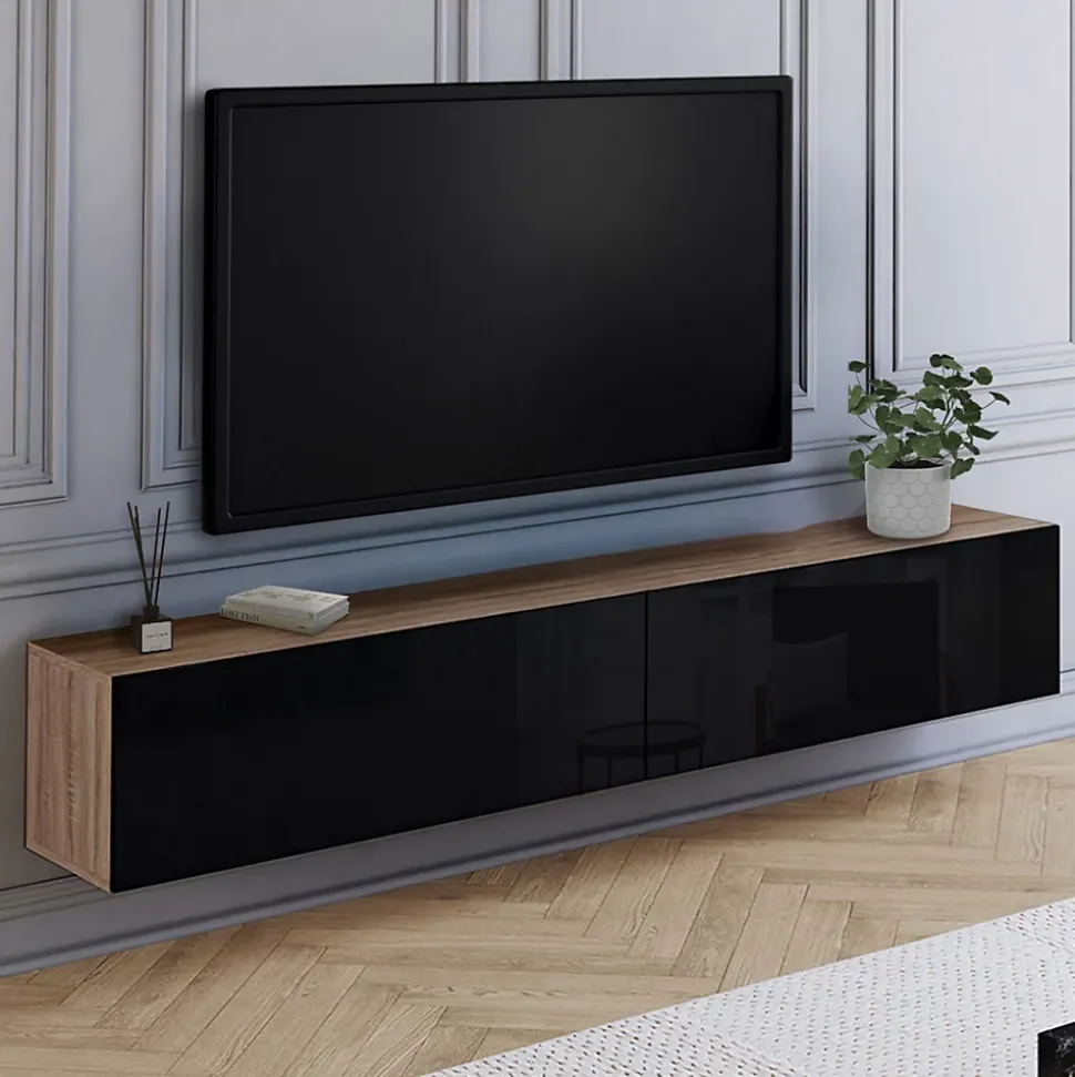Meuble TV 180 cm suspendu ELIO 2 portes bois et noir