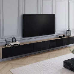 Meuble TV 300 cm suspendu ELIO 3 portes bois et noir