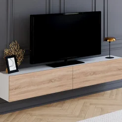 Meuble TV 180 cm suspendu ELIO 2 portes blanc et bois