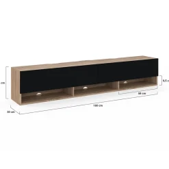 Meuble TV 180 cm suspendu ELIO 2 portes avec étagère bois et noir