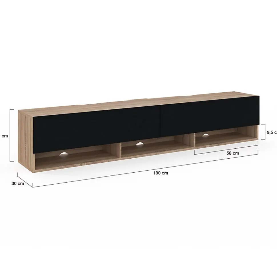 Meuble TV 180 cm suspendu ELIO 2 portes avec étagère bois et noir