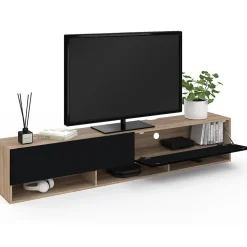 Meuble TV 180 cm suspendu ELIO 2 portes avec étagère bois et noir