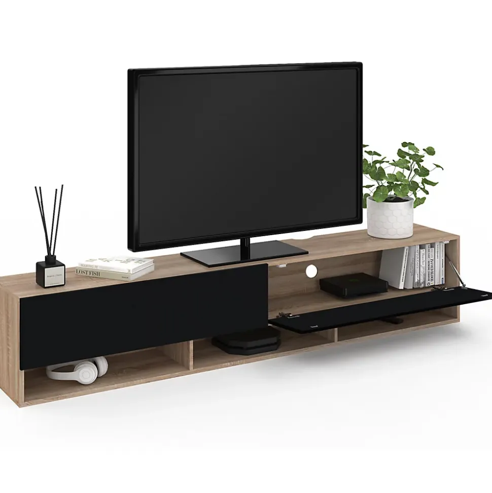 Meuble TV 180 cm suspendu ELIO 2 portes avec étagère bois et noir