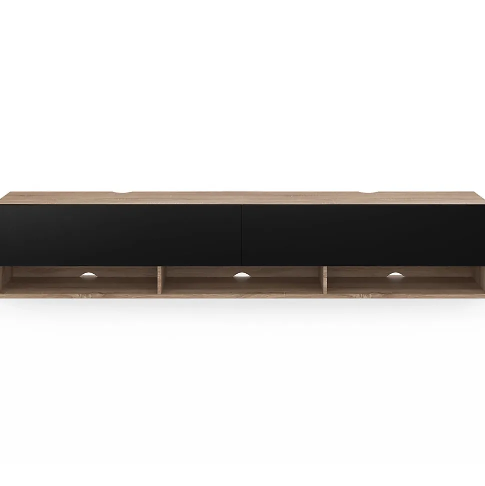 Meuble TV 180 cm suspendu ELIO 2 portes avec étagère bois et noir