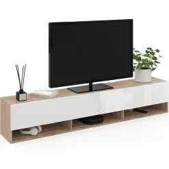 Meuble TV 180 cm suspendu ELIO 2 portes avec étagère bois et blanc