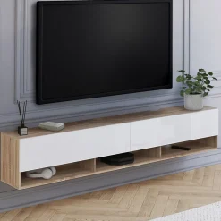 Meuble TV 180 cm suspendu ELIO 2 portes avec étagère bois et blanc