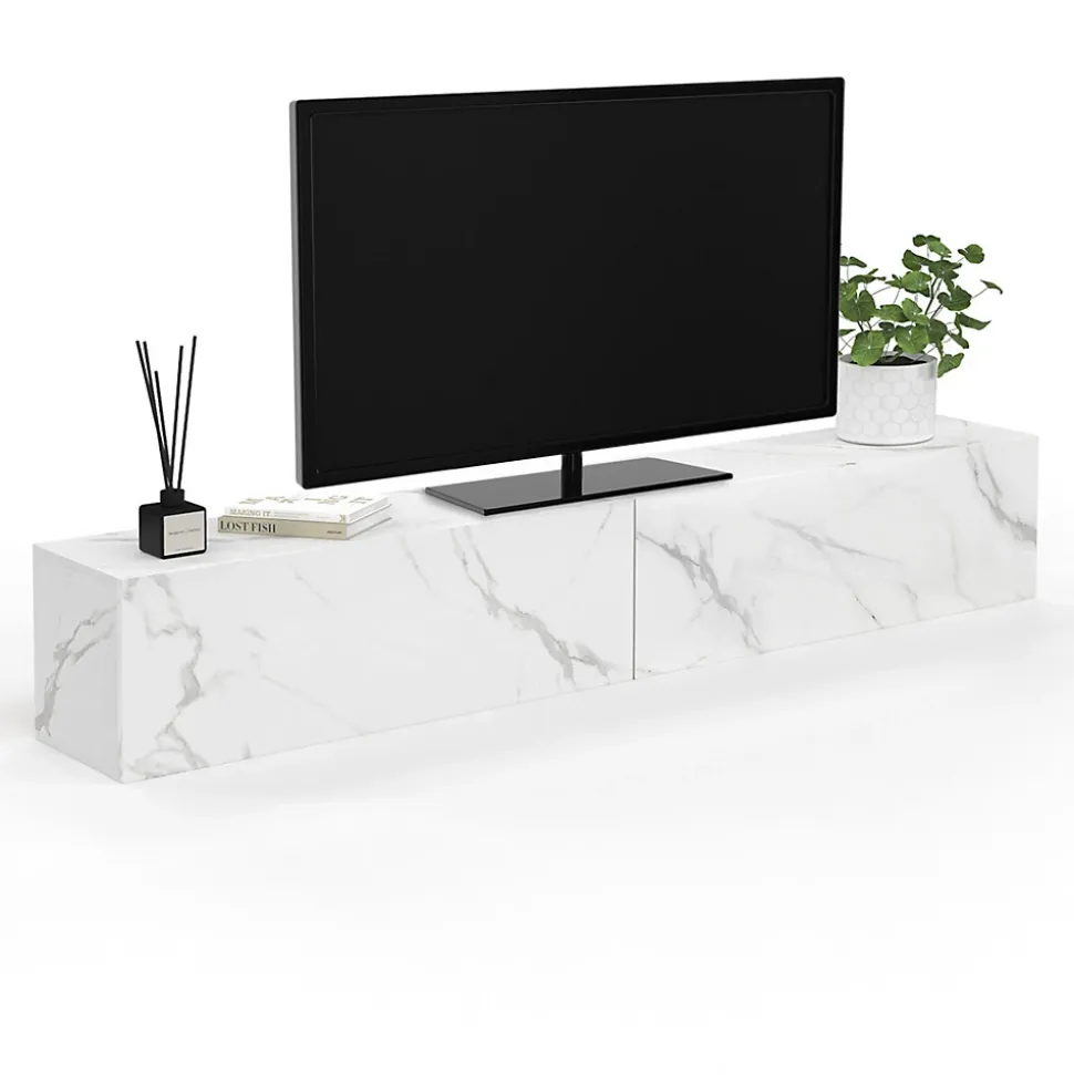 Meuble TV 180 cm suspendu ELIO 2 portes bois effet marbre