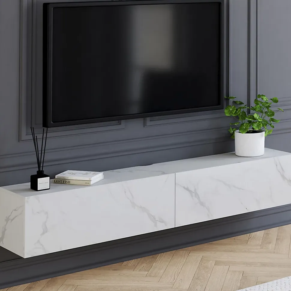 Meuble TV 180 cm suspendu ELIO 2 portes bois effet marbre