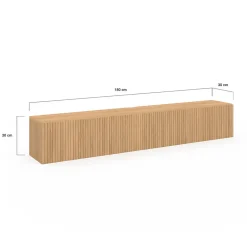 Meuble TV 180 cm suspendu JULIETTE lattes tasseau bois coloris chêne