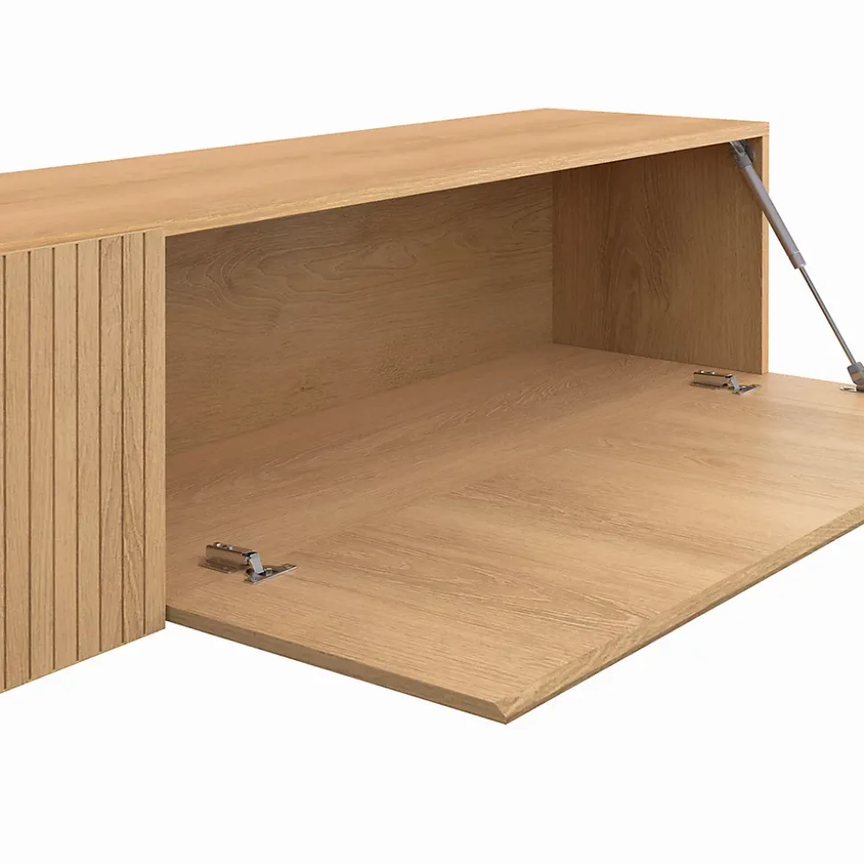 Meuble TV 180 cm suspendu JULIETTE lattes tasseau bois coloris chêne