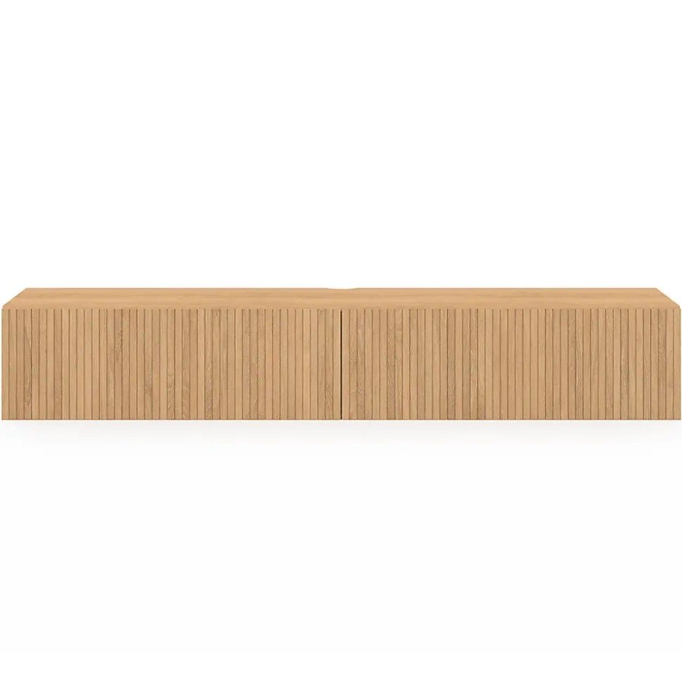 Meuble TV 180 cm suspendu JULIETTE lattes tasseau bois coloris chêne