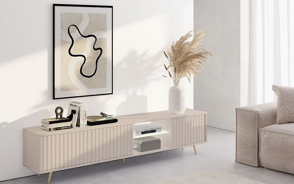 Meuble TV 175 cm taupe facades a lamelles BELLO
