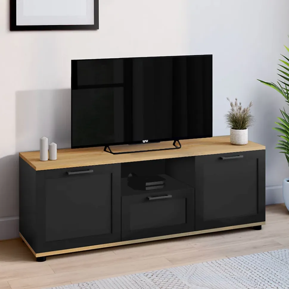 Meuble TV 110 cm VITO avec tiroir et niche noir et bois
