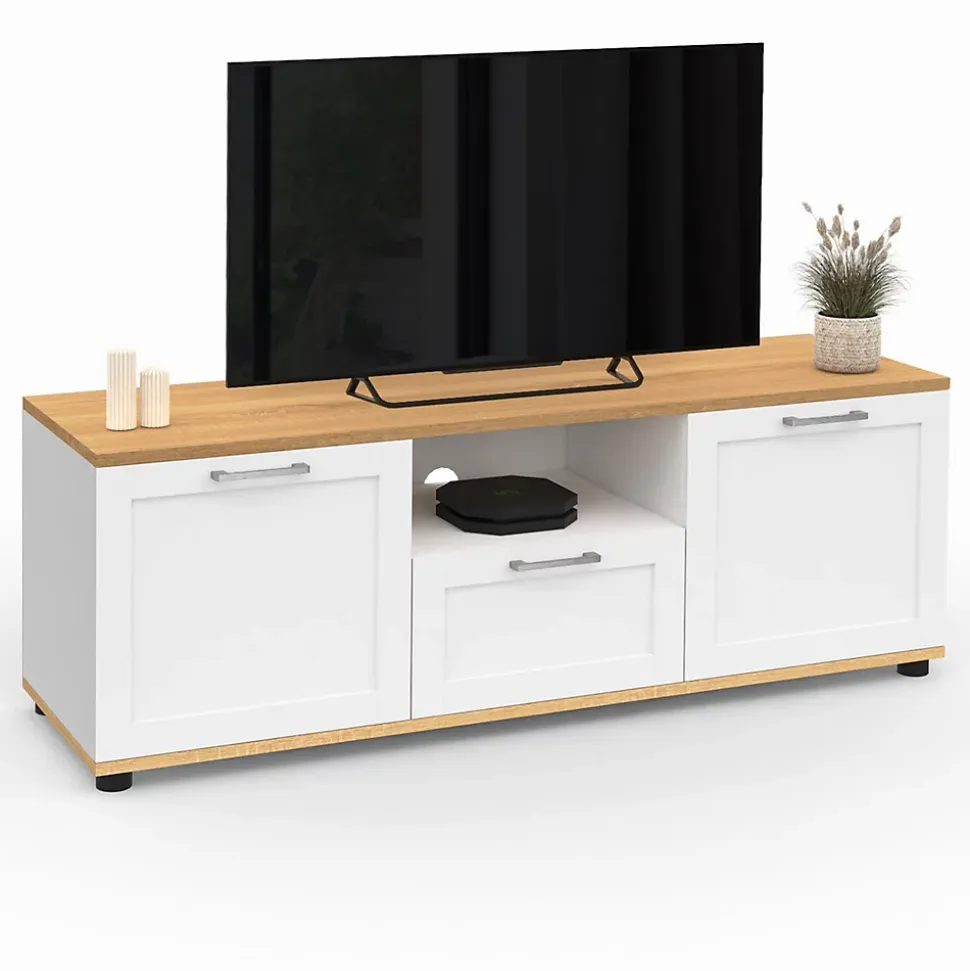 Meuble TV 110 cm VITO avec tiroir et niche blanc et bois