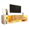 Meuble TV 3 niveaux, plateaux verre/2 tiroirs, pour TV jusqu'à 70"