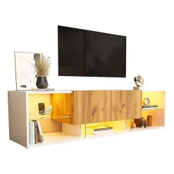 Meuble TV 3 niveaux, plateaux verre/2 tiroirs, pour TV jusqu'à 70"