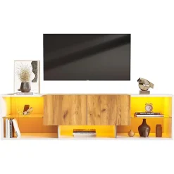 Meuble TV 3 niveaux, plateaux verre/2 tiroirs, pour TV jusqu'à 70"