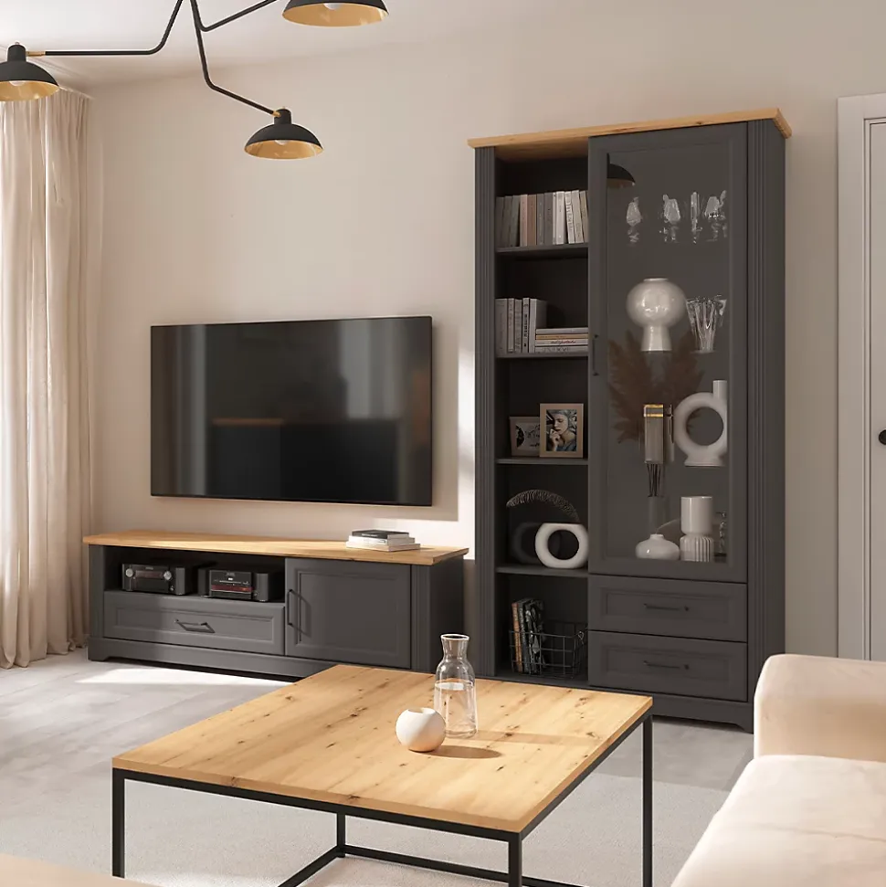 Meuble TV 1 porte 1 tiroir 150 cm Charlie Gris Anthracite