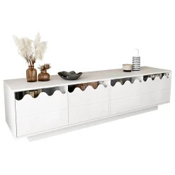 Meuble TV 4 Portes - Façades Ondulées et Étagères en Verre Trempé - MDF + PB - 170x45x40 cm - Blanc