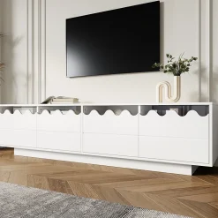 Meuble TV 4 Portes - Façades Ondulées et Étagères en Verre Trempé - MDF + PB - 170x45x40 cm - Blanc
