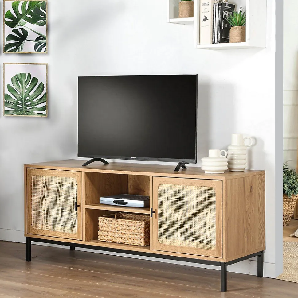 Meuble TV 2 Portes avec Cannage Rotin et 2 Niches L120cm - JAYA