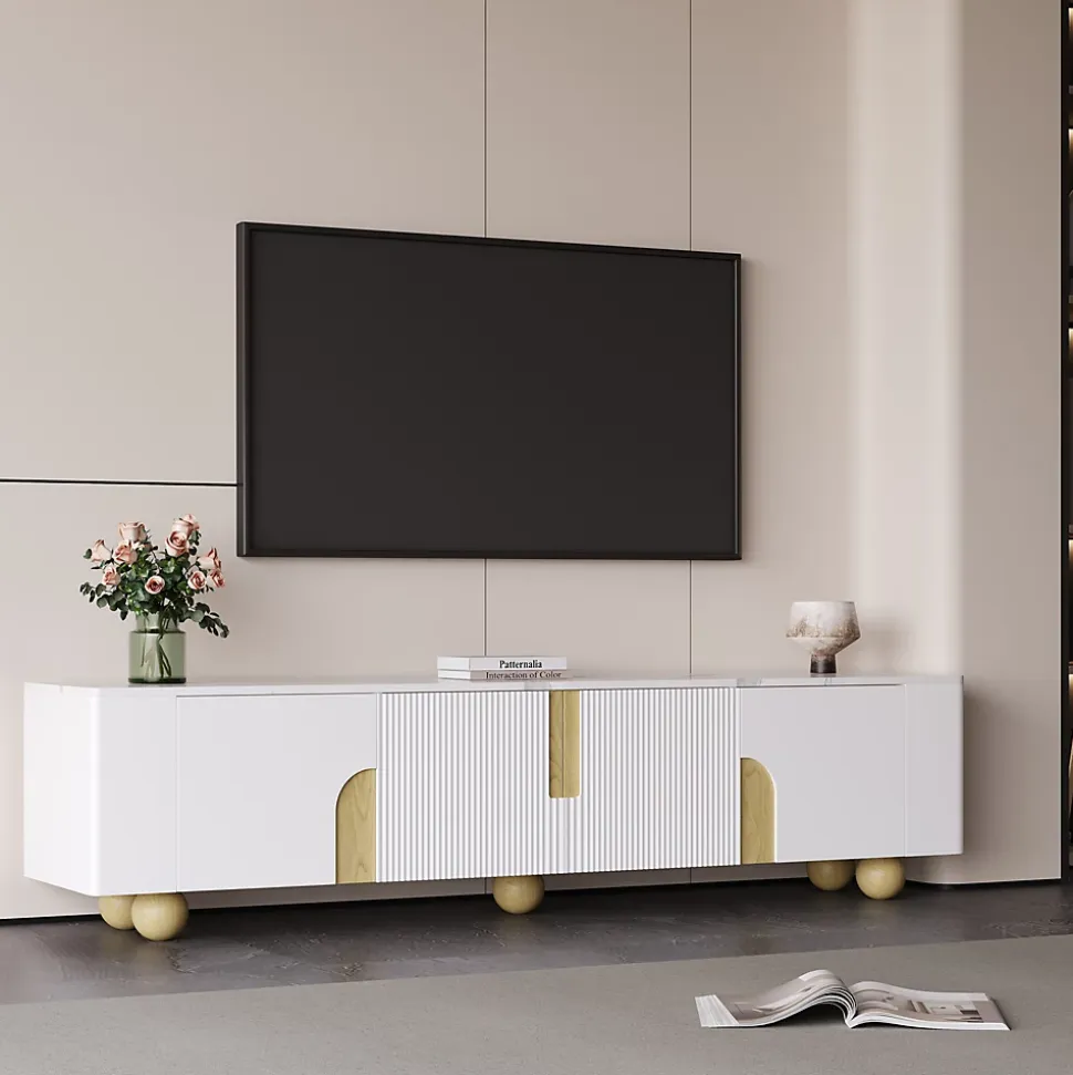 Meuble TV 4 Portes avec Rangement, Surface Effet Marbre et Pieds Sphériques, MDF et Panneaux de Particules, Blanc, 180x40x44 cm