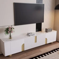 Meuble TV 4 Portes avec Rangement, Surface Effet Marbre et Pieds Sphériques, MDF et Panneaux de Particules, Blanc, 180x40x44 cm