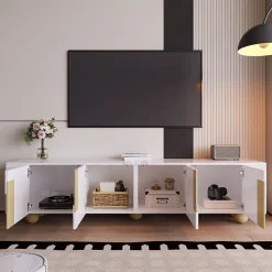Meuble TV 4 Portes avec Rangement, Surface Effet Marbre et Pieds Sphériques, MDF et Panneaux de Particules, Blanc, 180x40x44 cm