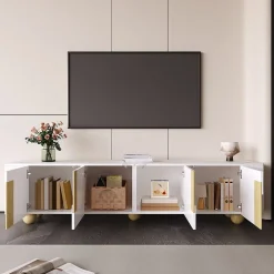 Meuble TV 4 Portes avec Rangement, Surface Effet Marbre et Pieds Sphériques, MDF et Panneaux de Particules, Blanc, 180x40x44 cm