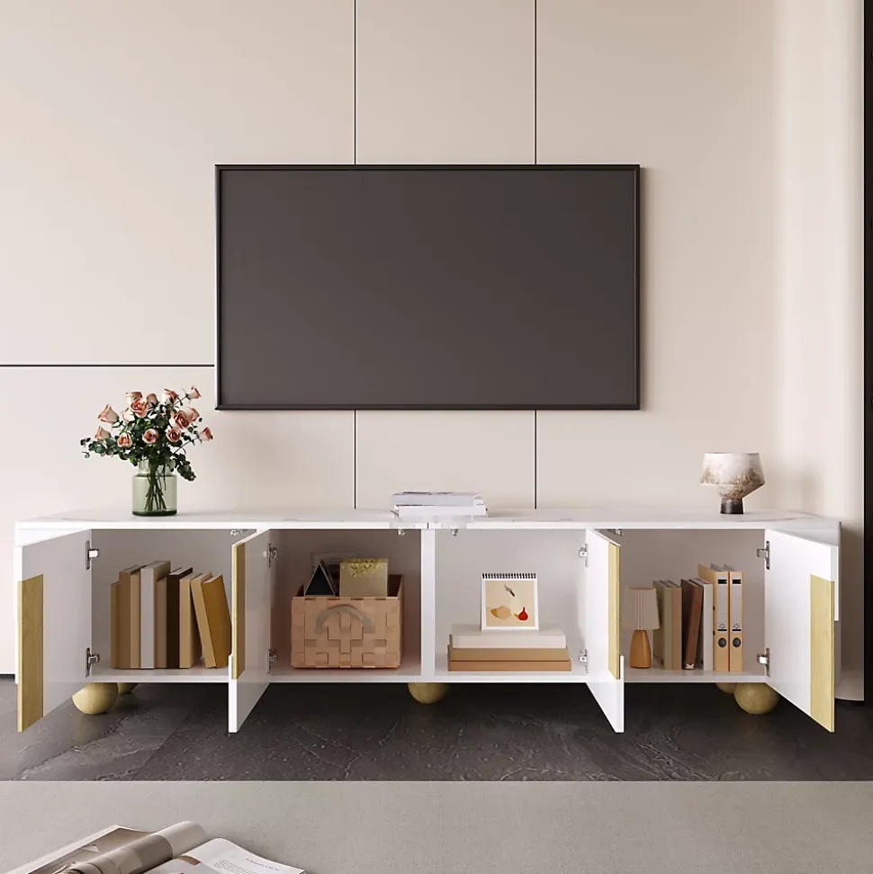 Meuble TV 4 Portes avec Rangement, Surface Effet Marbre et Pieds Sphériques, MDF et Panneaux de Particules, Blanc, 180x40x44 cm