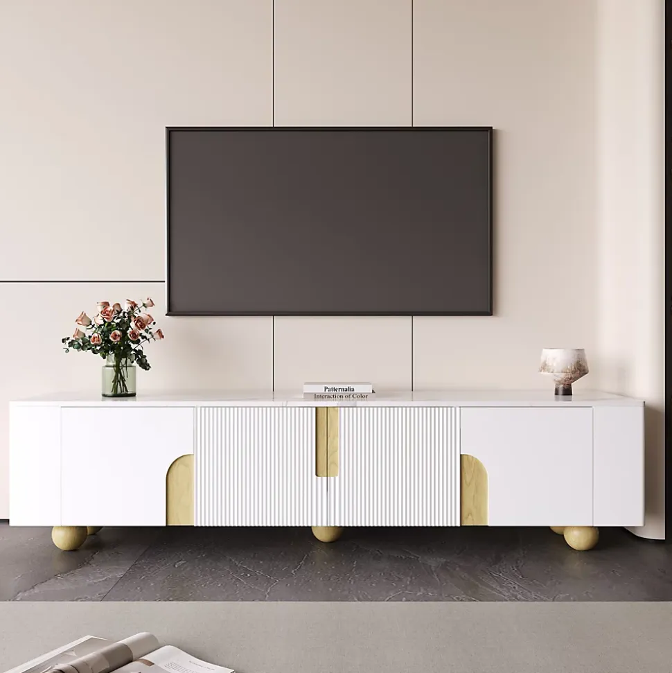 Meuble TV 4 Portes avec Rangement, Surface Effet Marbre et Pieds Sphériques, MDF et Panneaux de Particules, Blanc, 180x40x44 cm