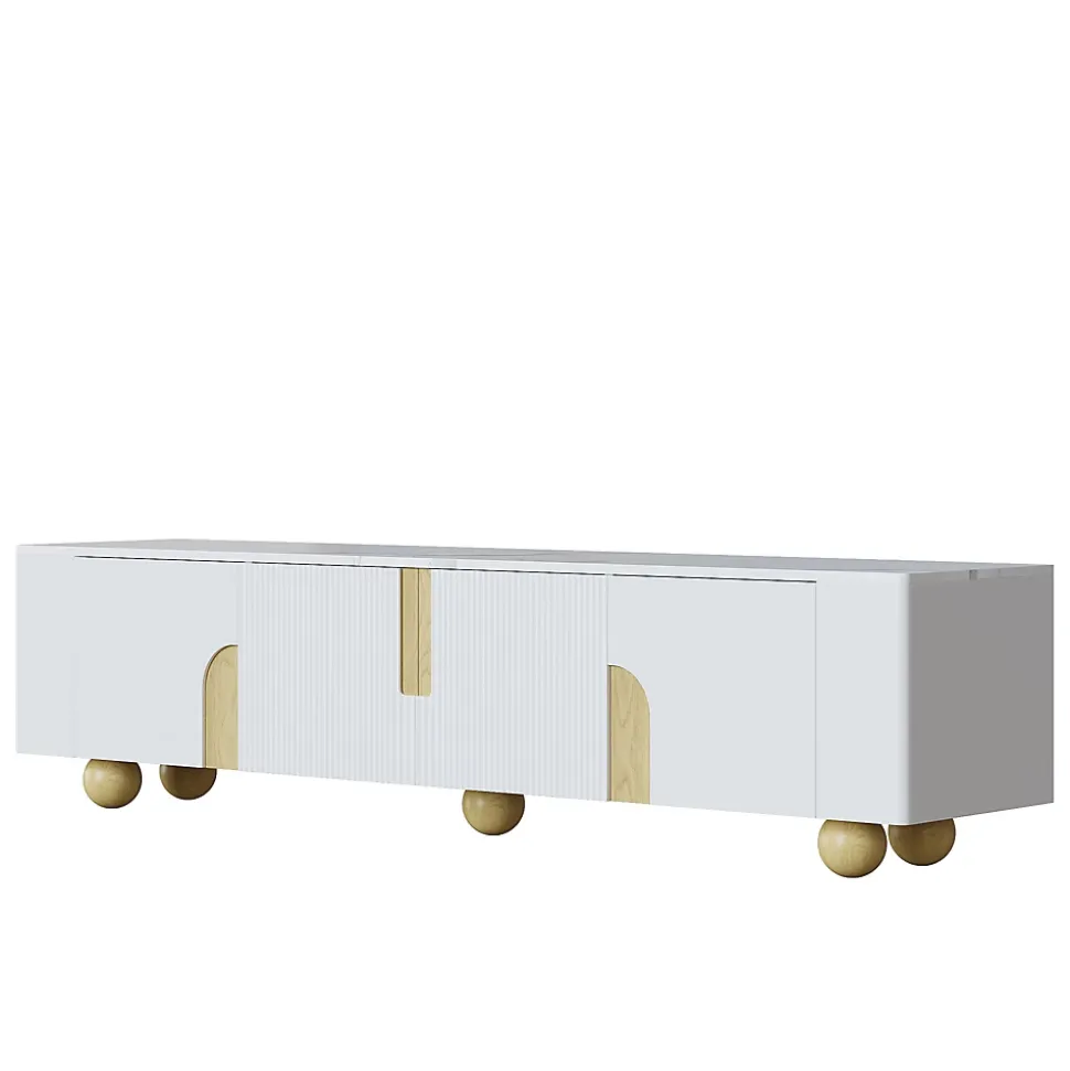 Meuble TV 4 Portes avec Rangement, Surface Effet Marbre et Pieds Sphériques, MDF et Panneaux de Particules, Blanc, 180x40x44 cm
