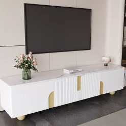 Meuble TV 4 Portes avec Rangement, Surface Effet Marbre et Pieds Sphériques, MDF et Panneaux de Particules, Blanc, 180x40x44 cm