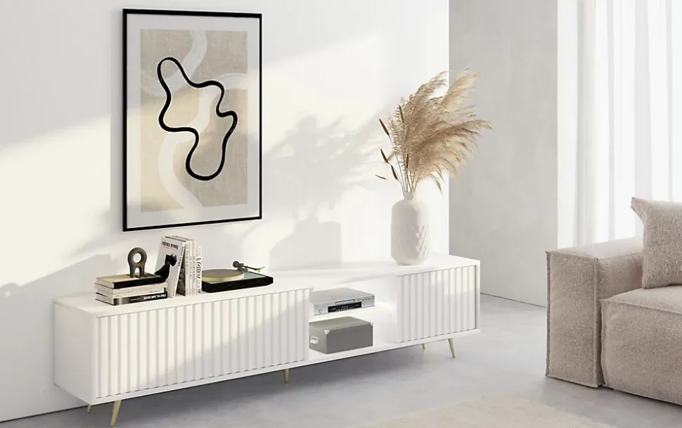 Meuble TV 3 portes blanc LED 175 cm pieds dorés BELLO