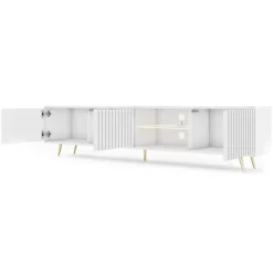 Meuble TV 3 portes blanc LED 175 cm pieds dorés BELLO