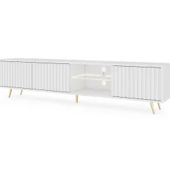 Meuble TV 3 portes blanc LED 175 cm pieds dorés BELLO