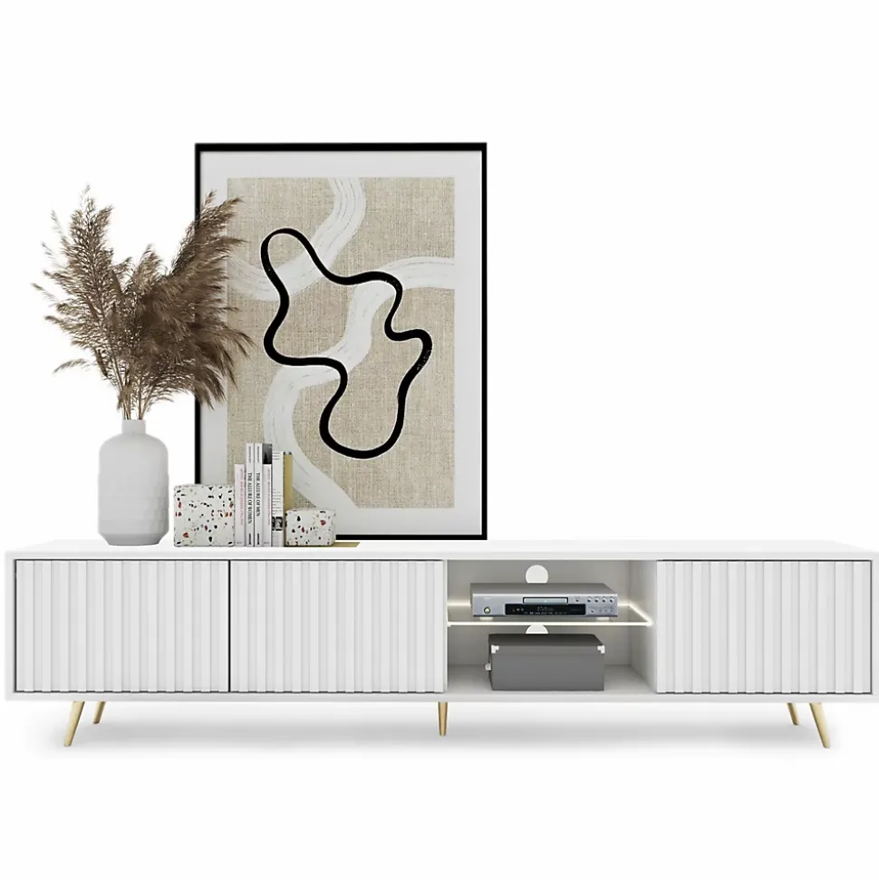 Meuble TV 3 portes blanc LED 175 cm pieds dorés BELLO
